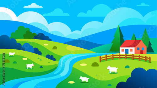 Vibrant flat design rural landscape with sheep and a cozy farmhouse