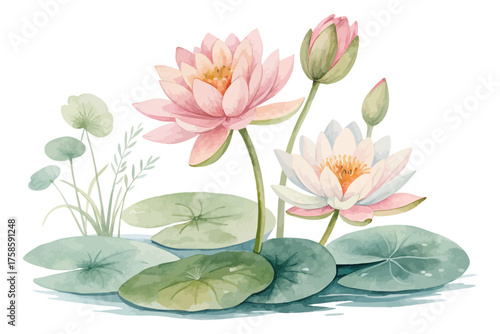 Tableau sur toile Watercolor Lotus and Lily Pond Scene Illustration isolated on white background