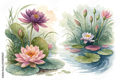 Photos Watercolor Lotus and Lily Pond Scene Illustration