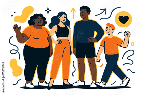 Diverse Bodies in Motion. Physical appearance diversity. People of different body types and heights standing together, floating abstract shapes highlighting