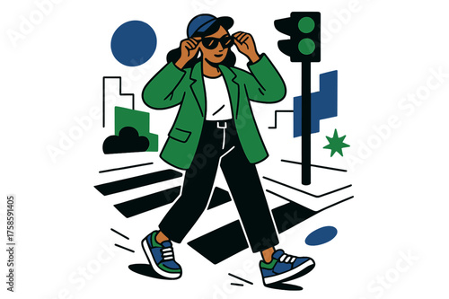 Dynamic Fashion Energy. Street Style. A blogger adjusts sunglasses while standing on a vibrant city corner.