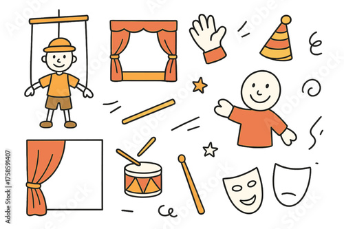 Vibrant Puppet Theater. Puppetry. Hand-drawn doodle illustration puppet (colored), marionette strings, stage box (colored), hand puppet, clown hat (colored),