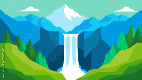 Majestic mountain waterfall surrounded by lush greenery and snow capped peaks