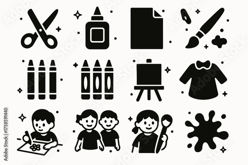 Craft Tools Icons. Craft Time. Solid icons set of Craft Time: Scissors, Glue, Paper, Paintbrush, Markers, Crayons, Canvas, Palette, Smock, Child Drawing, Two