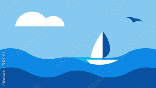 Minimalist sailboat glides across blue ocean waves under a cloudy sky with a bird
