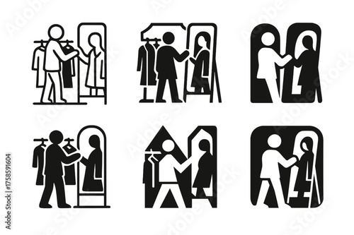 Fashion Logo Grid. A person browsing through racks of clothes in a stylish boutique. Set Logo of A person browsing through racks of clothes in a stylish
