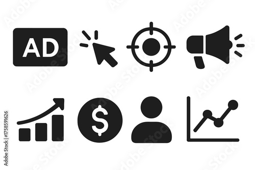 Targeted Advertising Icons. Targeted Advertising. Filled icon set of Targeted Advertising: ad banner, cursor,