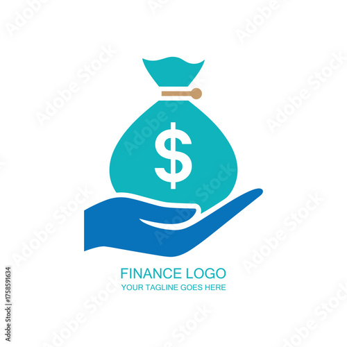 Finance Logo Design with Blue Hand Holding Money Bag and Dollar Sign