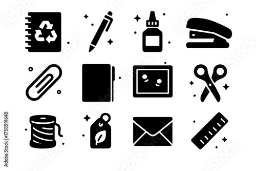 Eco Office Supplies Icons. Eco office supplies. Solid icons set of eco office supplies: recycled notebook, bamboo pen, refill ink bottle, stapler, paper clip,