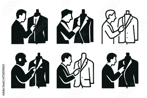 Stylish Boutique Logos. A person browsing through racks of clothes in a stylish boutique. Set Logo of A person browsing through racks of clothes in a stylish