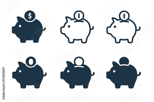 Piggy Bank Logos. Using bank accounts to accumulate savings. Set Logo of Using bank accounts to accumulate savings: Piggy bank with coin slot. harmonious logo