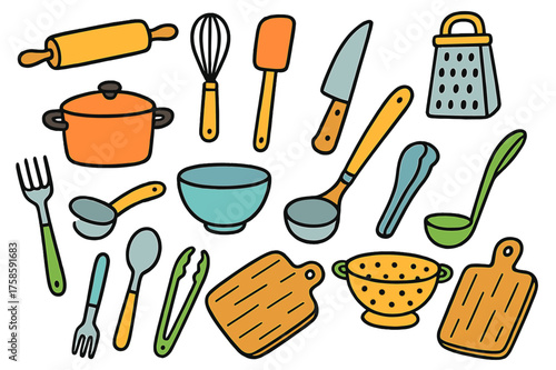 Colorful Kitchen Tools Doodles. Kitchen Tools. Colorful Hand-drawn doodle Children illustration Rolling pin, whisk, spatula, knife, fork, spoon, tongs, grater,