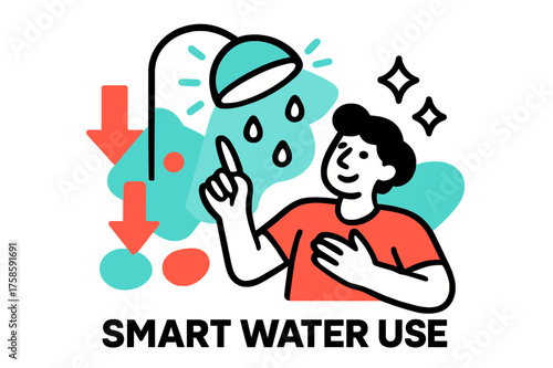 Mindful Water Conservation. Smart water use. A glowing showerhead with minimal droplets falling, abstract floating arrows and sparkles symbolizing mindful