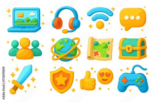 Online Co-op Icons. Online co-op. 3D icons set of online co-op: laptop with game screen, headset with mic, Wi-Fi signal, chat bubble, group avatar icons,