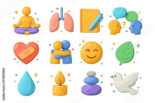 Coping Strategies Icons. Coping strategies. 3D icons set of coping strategies: meditation pose, breathing lungs, notebook with pen, talking heads with speech