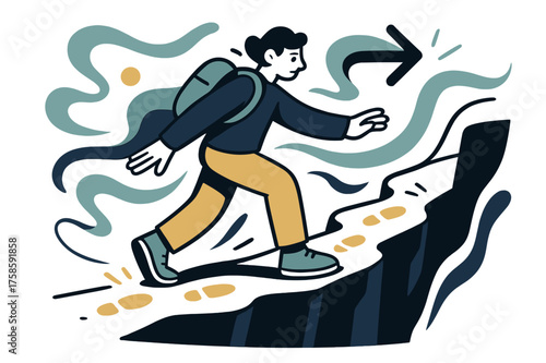 Cliff Path Journey. Path along the edge. A person walking carefully on a narrow cliff path, small glowing footprints leading forward. Abstract waves emphasize