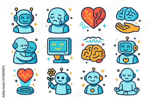 AI Emotions Icons. Colorful isometric vector icons set of artificial empathy and emotions: robot with smiling face, crying robot, heart with circuit veins,