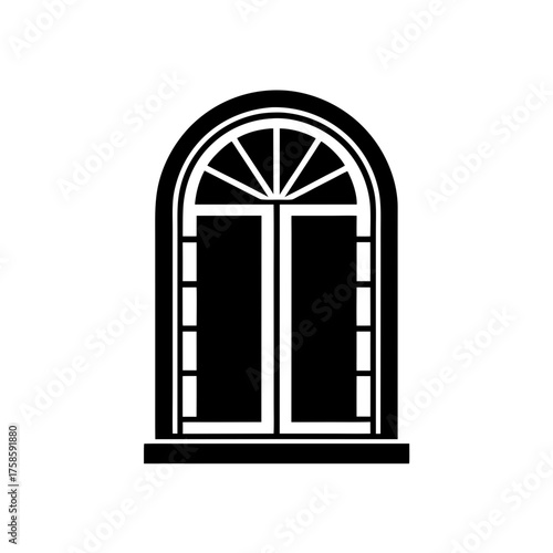 Arched window with panes in black on transparent background silhouette