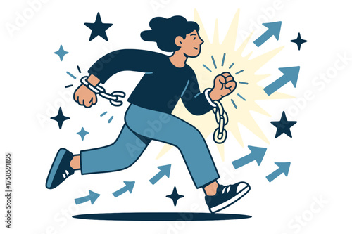 Breaking Chains, Embracing Freedom. Overcoming social barriers and personal limitations. Person breaking glowing chains while stepping forward into radiant