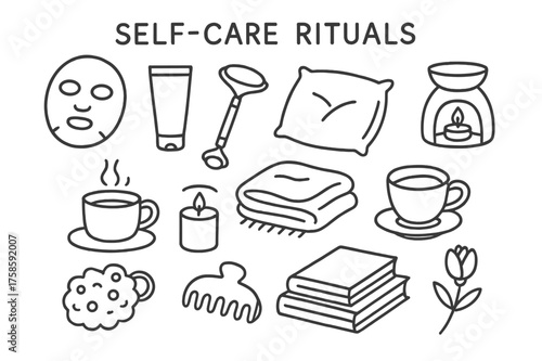 Self-Care Essentials Icons. Self-care rituals. Hand-drawn doodle illustration self-care rituals skincare mask tube, jade roller, relaxing pillow, essential oil