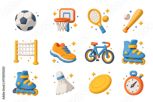 Summer Sports Icons. Summer outdoor sports. 3D icons set of summer outdoor sports: soccer ball, basketball hoop, tennis racket, baseball bat, volleyball net,