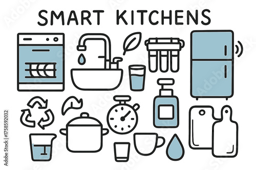 Smart Kitchen Elements. Smart Kitchens. Hand-drawn doodle illustration smart kitchens dishwasher (accented), faucet with drop, sink, water filter (accented),