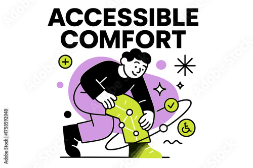 Adaptive Fashion Design. Inclusive fashion for people with disabilities. Character adjusting glowing adaptive