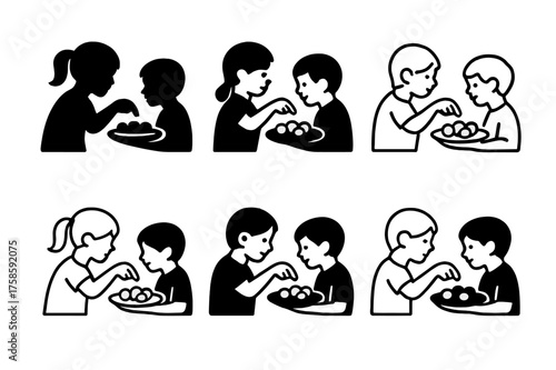 Sibling Bonding Logos. Sibling moments and family bonding. Set Logo of Sibling moments and family bonding: Sharing a Snack Plate. harmonious logo variations of
