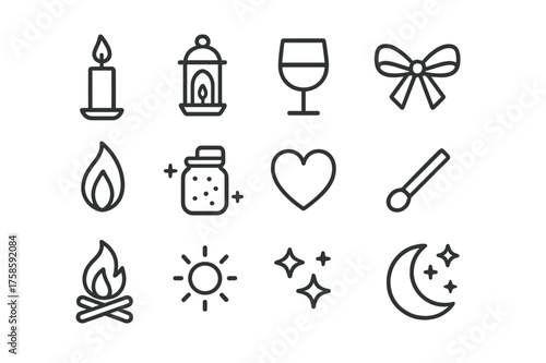 Evening Celebration Icons. Evening celebration. Line icon set of Evening celebration: candle, lantern, wine glass, ribbon, flame, glowing jar, heart,