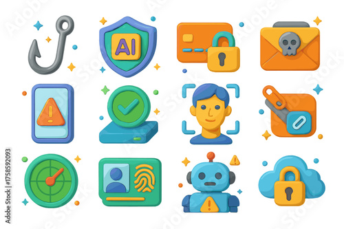Colorful Cybersecurity Icons. 3D icons set of AI in phishing and fraud prevention: phishing hook, AI chip shield, credit card with padlock, mobile phone with