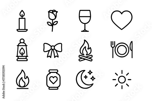 Romantic Ambiance Icons. Romantic ambiance. Line icon set of Romantic ambiance: candle, rose, wine glass, heart, lantern, ribbon, firelight, table setting,