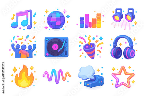 Vibrant DJ Icon Set. DJ vibes. 3D icons set of DJ vibes: neon music notes, glowing disco ball, sound equalizer, flashing lights, turntable spinning, dancing