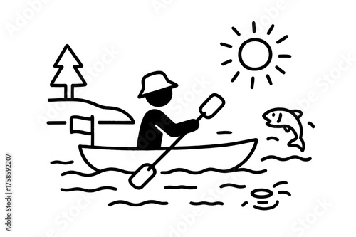 Doodle Rowing Adventure. Rowing a boat. Hand-drawn doodle illustration rowing a boat canoe, kayak, double oars, paddler silhouette, river waves, shoreline,