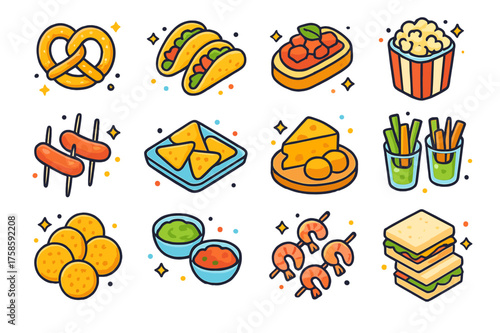 Colorful Party Snacks Icons. Party snacks. Colorful isometric vector icons set of party snacks: pretzels, mini tacos, bruschetta, popcorn, cocktail sausages,