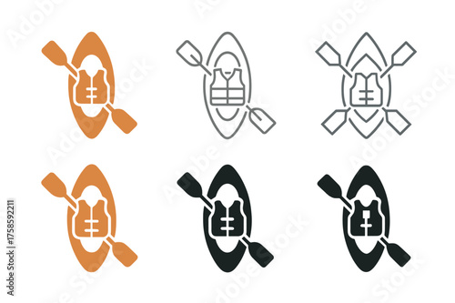 Canoeing Logo Variations. Canoeing. Set Logo of Canoeing: Inflatable canoe with safety vest and gear. harmonious logo variations of the same emblematic