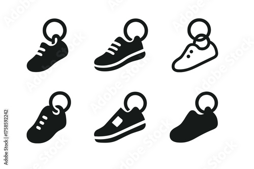 Shoe Finder Logos. Looking for your shoes. Set Logo of Looking for your shoes: Shoe-shaped keychain finder. harmonious logo variations of the same emblematic
