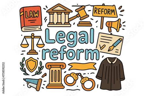 Legal Reform Doodle. Legal reform. Hand-drawn doodle illustration of Legal reform. Law book, gavel, courthouse