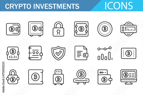 Blockchain and bitcoin wallet line icons for cryptocurrency business