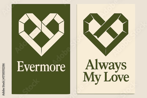 Geometric Love Banners. Evermore. Two vertical A6 banners, geometric, olive green and cream backgrounds, angular infinity heart built from clean polygons,