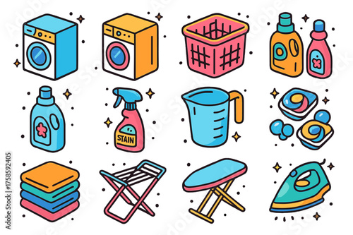 Laundry Icons Collection. Colorful isometric vector icons set of laundry care tools: washing machine, dryer, laundry basket, detergent bottle, fabric softener,