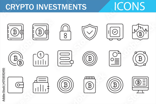 Modern line crypto investment icons set for blockchain and digital finance concepts