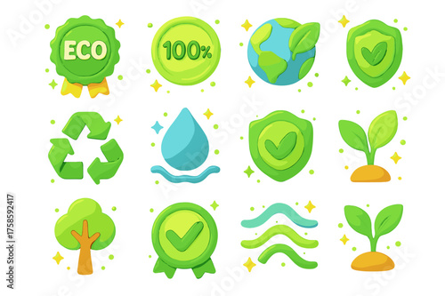 Eco-Friendly Seal Icons. Eco-friendly seals. 3D icons set of eco-friendly seals: certified eco badge, % natural stamp, earth leaf logo, recyclable arrows,