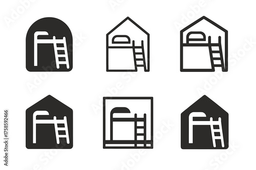 Tiny Living Logos. Tiny living spaces. Set Logo of Tiny living spaces: Lofted sleeping area with ladder. harmonious logo variations of the same emblematic