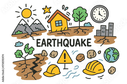 Colorful Earthquake Doodle. Earthquake. Colorful Hand-drawn doodle Children illustration Cracked ground, shaking house, mountain, fault line, tree, rock,