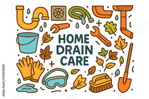 Home Drain Tools. Home Drain Care. Hand-drawn doodle illustration of Home Drain Care. pipe, drain cover,