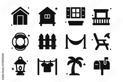 Seaside Icons Collection. Seaside houses. Solid icons set of seaside houses: beach hut, cabin, window with shutters, balcony, lifebuoy on wall, fence, hammock