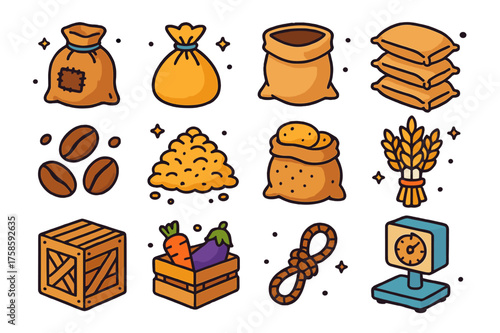 Colorful Storage Icons. Storage solutions. Colorful isometric vector icons set of storage solutions: burlap sack, tied bag, open sack, stacked sacks, coffee