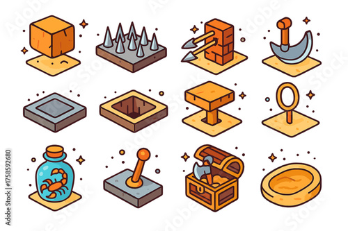Isometric Trap Icons. Hidden traps. Colorful isometric vector icons set of hidden traps: falling stone block, spike floor, arrow trap, swinging blade, pressure