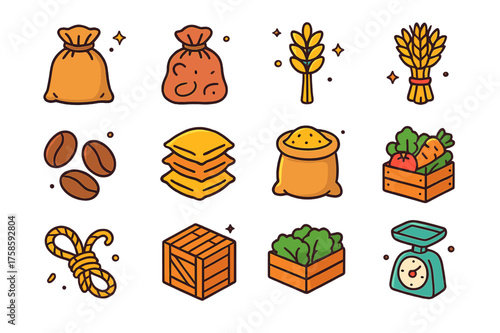 Agricultural Supply Icons. Agricultural supply. Colorful isometric vector icons set of agricultural supply: burlap sack, potato sack, grain bag, wheat bundle,