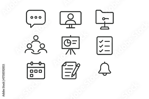 Online Collaboration Icons. Online collaboration. Line icon set of Online collaboration: chat bubble, video call, shared folder, teamwork icon, whiteboard,
